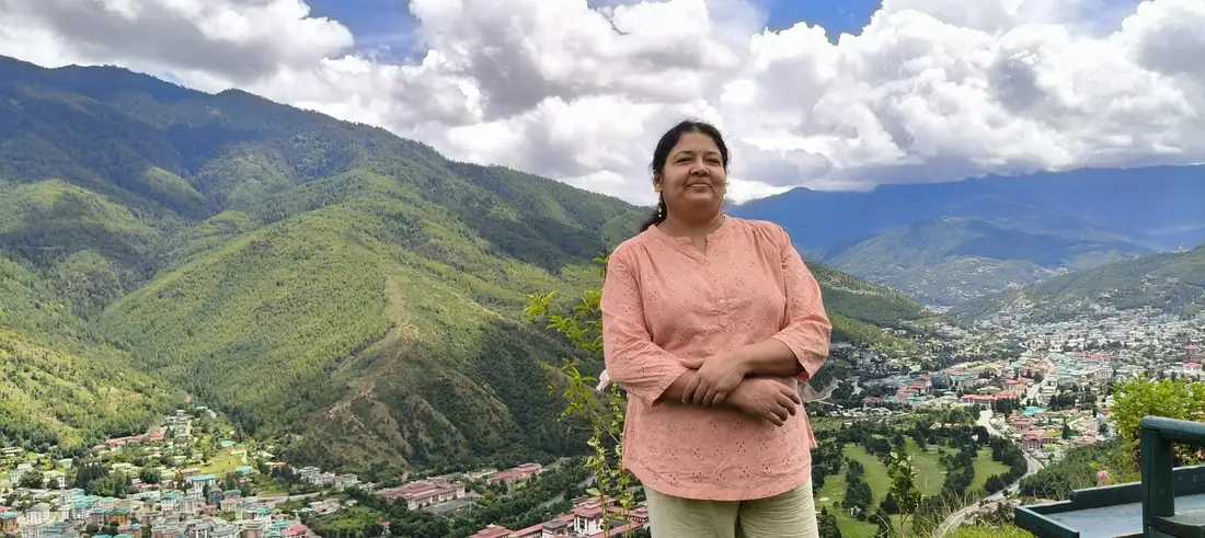 Shalini Saha, Reiki Master Teacher, in the hills above Thimphu